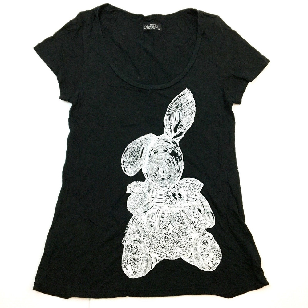 Skull Rabbit Bunny Top Tee Shirt T Black Whie sz S